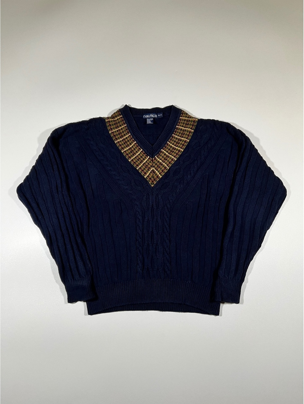 Nautica Navy Cable Knit V-Neck Sweater Men's Medium Houndstooth Collar